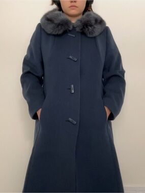 60s Navy Wool Coat With Fur Collar